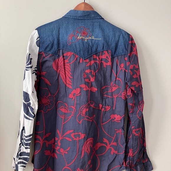 Desigual Navy and White Roll-Tab Floral Shirt - Picture 3 of 4